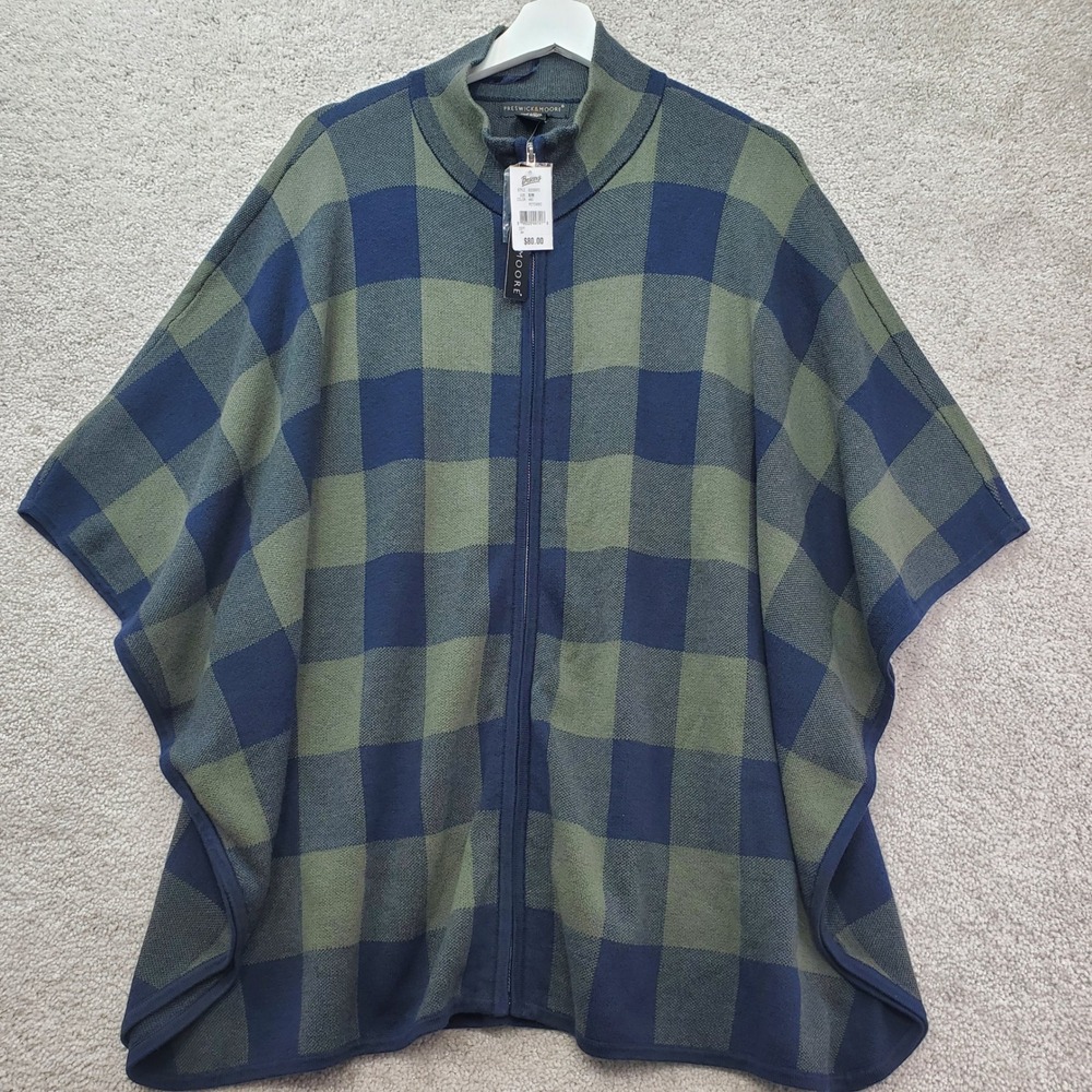 Preswick & Moore Poncho Women S/M Green Navy New Buffalo Plaid Zip Front Wrap